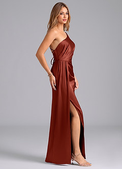Azazie Naria Bridesmaid Dresses Terracotta Sheath One Shoulder Stretch Satin Dress image4