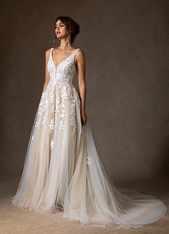 Azazie Sorella Wedding Dresses Diamond White Champagne A-Line V-Neck Sequins Tulle Dress image5