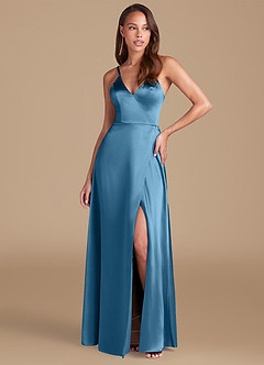 Azazie Maksim Final Sale Steel Blue A-Line Metallic Satin Dress image1