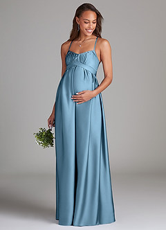 Azazie Llana Maternity Bridesmaid Dresses A-Line Stretch Satin Floor-Length Dress with Pockets image1