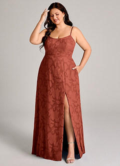 Azazie Moira Bridesmaid Dresses Terracotta A-Line Side Slit Floral Burnout Dress image7