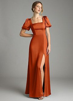 Azazie Fyona Bridesmaid Dresses Burnt Orange A-Line Pleated Stretch Satin Dress image3
