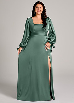 Azazie Leonia Robes de demoiselle d'honneur Robe Trapèze en Satin extensible Manche longue Eucalyptus image11