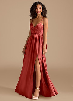 Azazie Alia Bridesmaid Dresses Rust A-Line Pleated Metallic Satin Dress image7