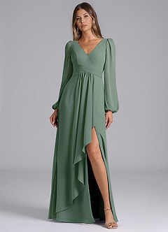 Azazie Liah Bridesmaid Dresses Eucalyptus A-Line Long Sleeve Chiffon Dress image1