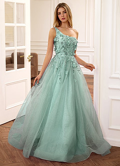 Felicite Light Green Floral A-line Tulle Sequin One Shoulder Glitter Prom Dress image2
