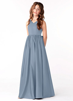 Azazie Hathaway Junior Dusty Blue A-Line Bow Matte Satin Dress image3