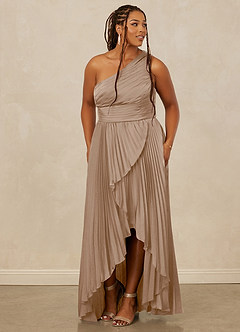 Christian Siriano Bridal for Azazie 1008 Robes de demoiselle d'honneur Robe Trapèze en Satin extensible Ue épaule Taupe image11