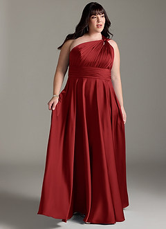 Azazie Charlize Bridesmaid Dresses Pomegranate A-Line One Shoulder Stretch Satin Dress image11