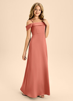 Azazie Anselie Junior Salmon Pink A-Line Off the Shoulder Stretch Satin Dress image5