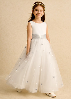 Azazie Cricket Abiti da Ragazza di Fiori Abito Principessa in Raso Opaco Plissettato Avorio Gelo image7