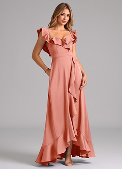 Azazie Lyra Bridesmaid Dresses Coral A-Line Off the Shoulder Stretch Satin Convertible Dress image2