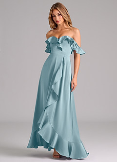 Azazie Lyra Bridesmaid Dresses Moody Blue A-Line Off the Shoulder Stretch Satin Convertible Dress image4