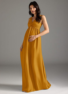 Azazie Yetta Robes de demoiselle d'honneur de maternité Robe Trapèze Plissée Longueur ras du sol Satin extensible image1