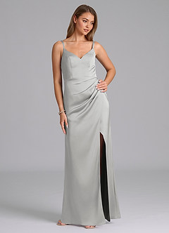 Azazie Leo Final Sale Silver Sheath Pleated Stretch Satin Dress image5