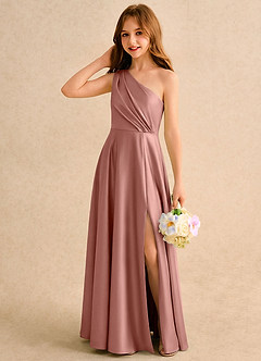 Azazie Puddles Girls Formal Flower Girl Dresses Rosette A-Line One Shoulder Stretch Satin Dress image3