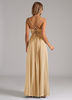 Azazie Aaida Bridesmaid Dresses Gold A-Line Corset Stretch Satin Dress image6