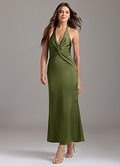 Azazie Valerie Robes de demoiselle d'honneur Robe Sirène en Satin extensible Plissée Olive image3