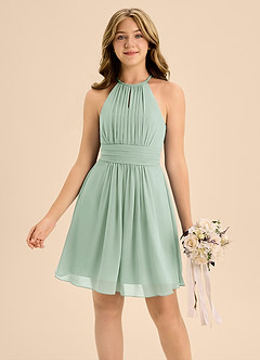 Azazie Bonnie Junior Agave A-Line Pleated Chiffon Dress image3