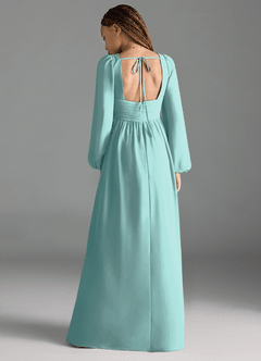 Azazie Norah Junior Robe Trapèze en Mousseline de soie Plissée Aqua image2
