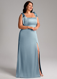 Azazie Frostine Bridesmaid Dresses Dusty Blue A-Line Bow Stretch Satin Dress image11