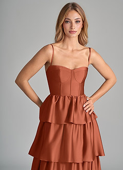Azazie Faye Bridesmaid Dresses Cedar Rose A-Line Ruched Stretch Satin Dress image2