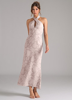 Azazie Marlissa Bridesmaid Dresses Blushing Pink Sheath Pleated Floral Burnout Dress image3
