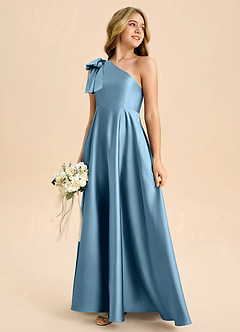 Azazie Penguin Junior Steel Blue A-Line Bow Stretch Satin Dress image6