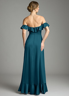 Azazie Lyra Bridesmaid Dresses Ink Blue A-Line Off the Shoulder Stretch Satin Convertible Dress image10
