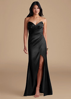 Azazie Yola Bridesmaid Dresses Black Sheath Pleated Metallic Satin Dress image1