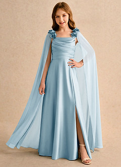 Azazie Rosita Girls Formal 플라워 걸 드레스 A라인 주름진 스트레치 새틴 플로어 길이 드레스 image1