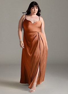 Azazie Brielle Bridesmaid Dresses Copper A-Line Cowl Spaghetti Straps Stretch Satin Dress image8