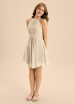Azazie Bonnie Junior Champagne A-Line Pleated Chiffon Dress image4