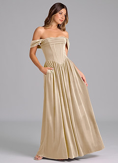 Azazie Hattie Robes de demoiselle d'honneur Robe Trapèze en velours Rayé Champagne image3
