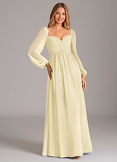 Azazie Bailee Vestidos de damas de honor Vestido de Sorbete De Limón de Gasa de Corte en A con Manga larga image5