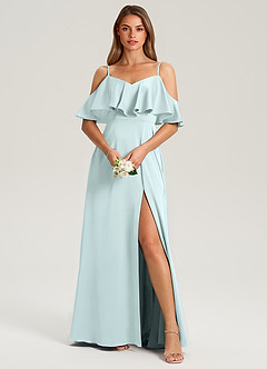 Azazie Jean Bridesmaid Dresses Sea Glass A-Line Off the Shoulder Stretch Satin Dress image1