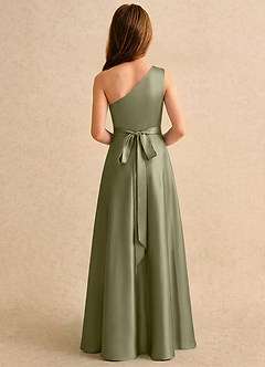 Azazie Puddles Girls Formal Flower Girl Dresses Pistachio A-Line One Shoulder Stretch Satin Dress image2