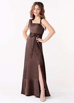 Azazie Barbara Junior Ganache A-Line Bow Stretch Satin Dress image1