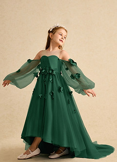 Azazie Karrie Flower Girl Dresses Dark Green A-Line with Sleeves Tulle Dress image5