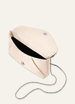 front Matching Color Crystal Trim Satin Evening Clutch Bag with Chain Strap