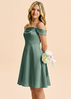 Azazie Anselie Junior Eucalyptus A-Line Off the Shoulder Stretch Satin Dress image6