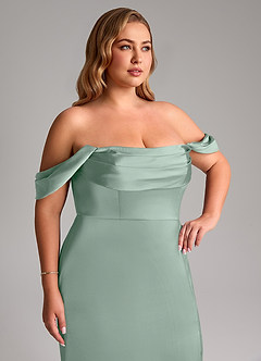 Azazie Saige Bridesmaid Dresses Agave Sheath Off the Shoulder Stretch Satin Dress image14