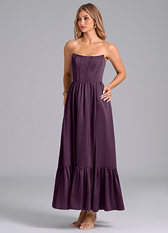 Azazie Leilana Bridesmaid Dresses Plum A-Line Corset Stretch Satin Dress image5