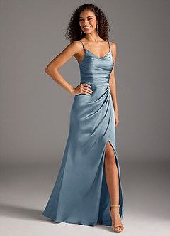 Azazie Deandra Vestidos de damas de honor Vestido de Azul Polvoriento de Satén Elástico de Corte Sirena con Plisado image5