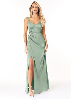 Azazie Marchella Robes de demoiselle d'honneur Robe Trapèze en Satin extensible Corset Agave image1