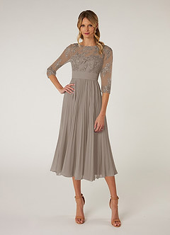 Azazie Tutu Mother of the Bride Dresses Taupe A-Line Boatneck Lace Chiffon Dress image1