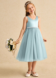 Azazie Firefly Robe Demoiselle D'honneur Fillette Robe Trapèze en Mat Satiné Arc Brume image3