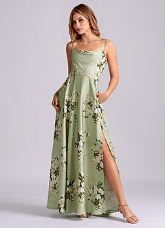 Azazie Elle Bridesmaid Dresses Floral Vines A-Line Pleated Stretch Satin Dress image1