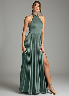 Azazie Zienna Final Sale Dusty Blue A-Line Pleated Stretch Satin Dress image1