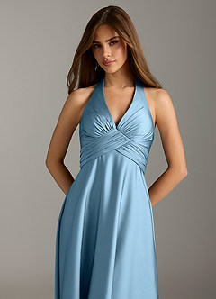 Azazie Tessie Bridesmaid Dresses Steel Blue A-Line Pleated Stretch Satin Dress image6